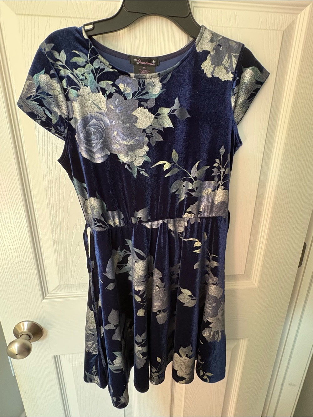 Xtraordinary Navy Blue Velvet Floral Kids Dress with Silver Print